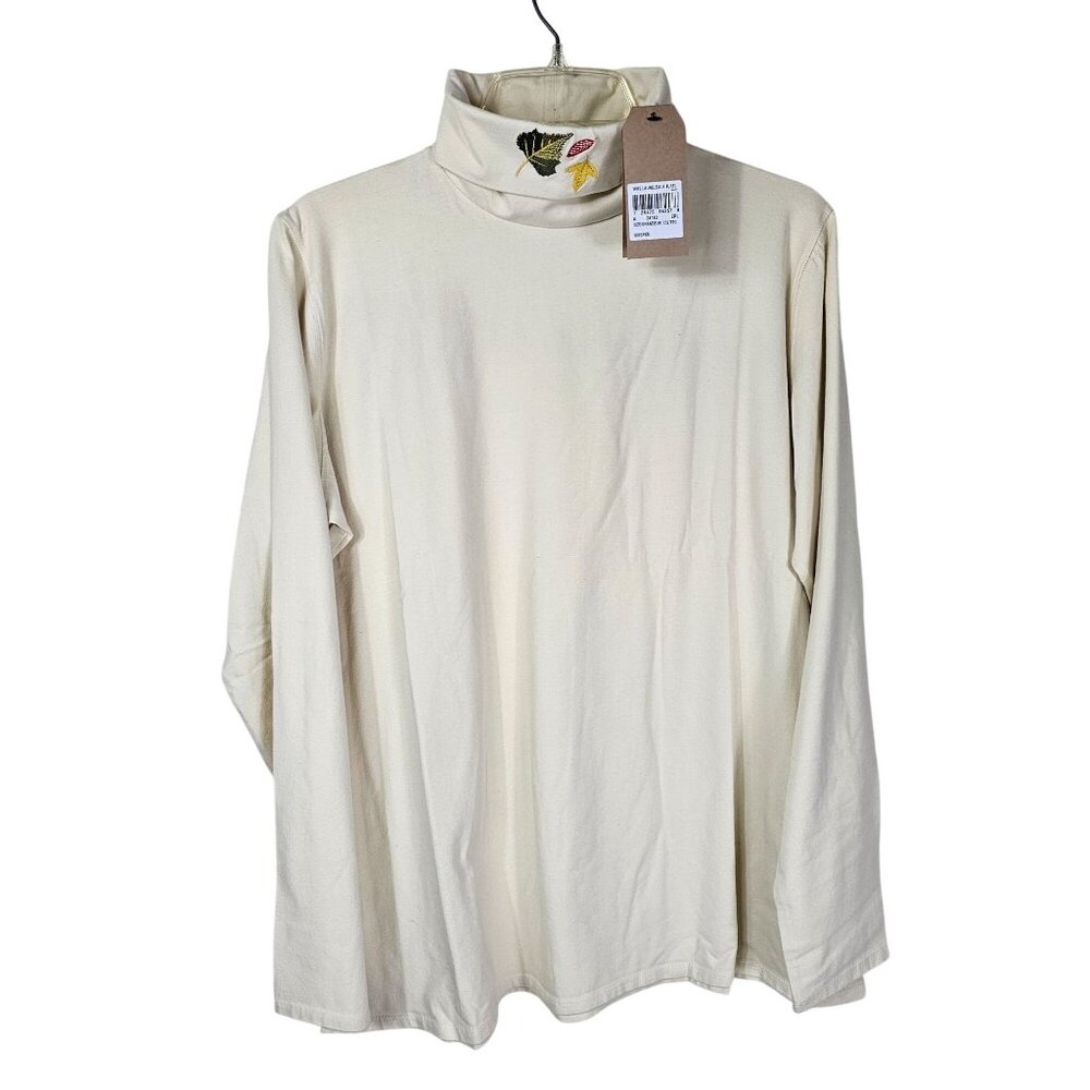 Woolrich Embroidered Turtleneck Top XXL Ivory Leaves Thanksgiving Autumn Teacher
